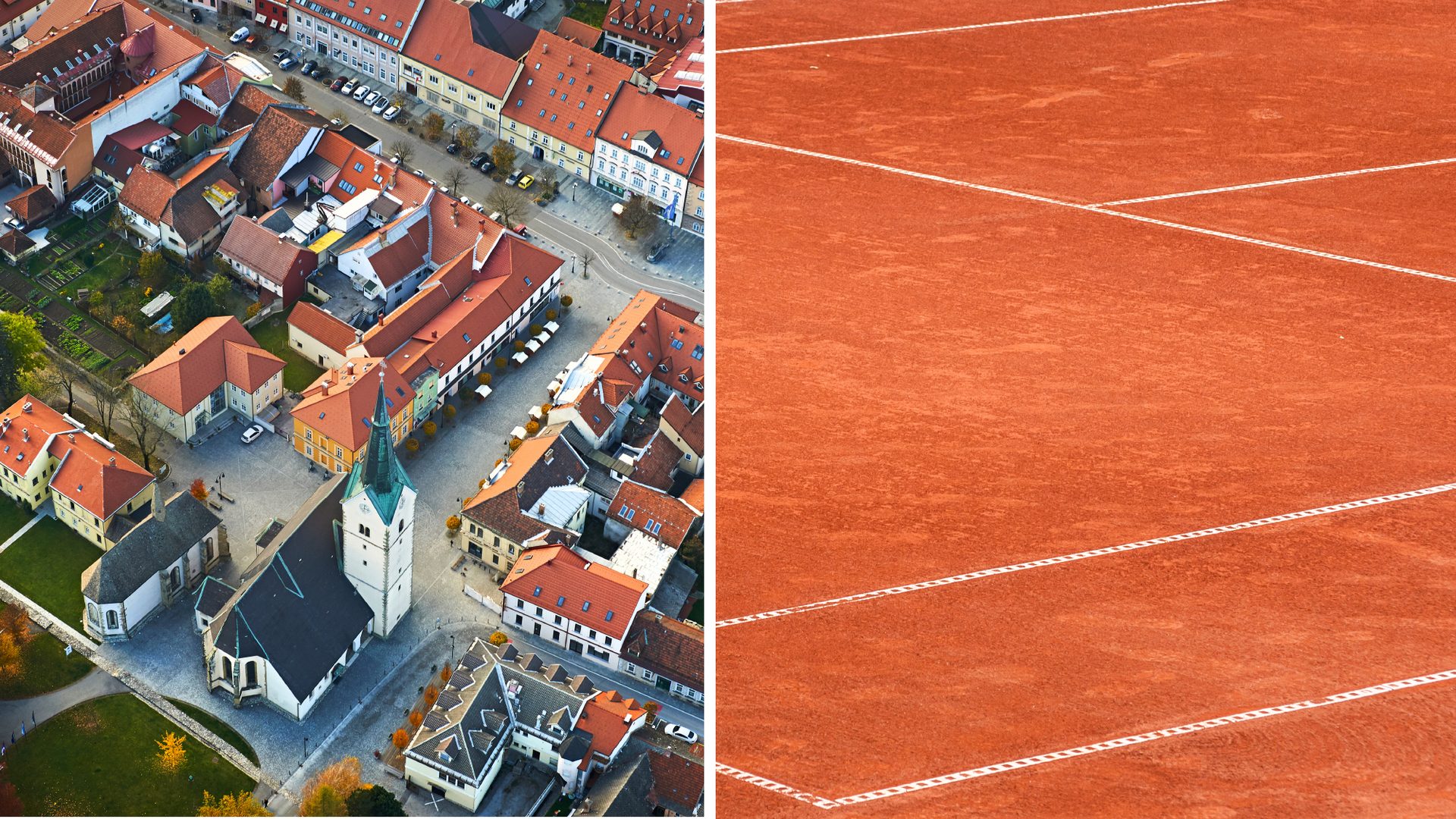 Staro mestno jedro Slovenj Gradca in peščeno igrišče Tenis centra Murko